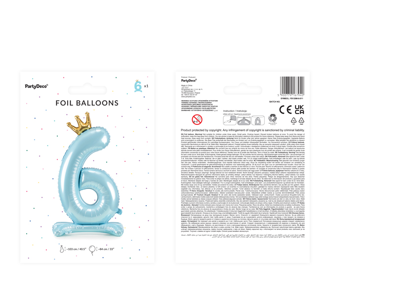 Stojący balon foliowy cyfra ''6'', 84 cm, błękit - obrazek 3