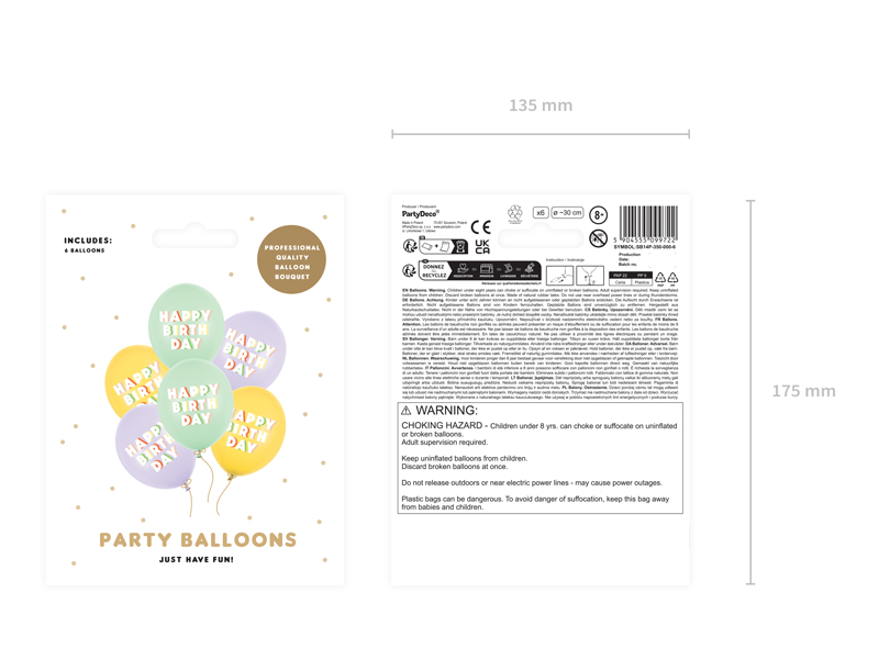 Balony 30 cm, Happy Birthday, mix (1 op. / 6 szt.) - obrazek 2