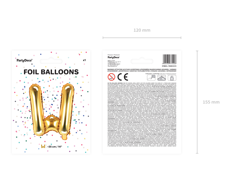 Balon foliowy Litera ''W'', 35cm, złoty - obrazek 3