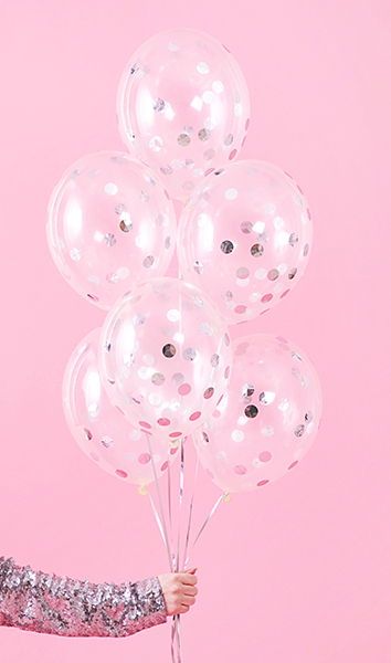 Balony z konfetti - kółka, 30cm, srebrny (1 op. / 6 szt.) - obrazek 2