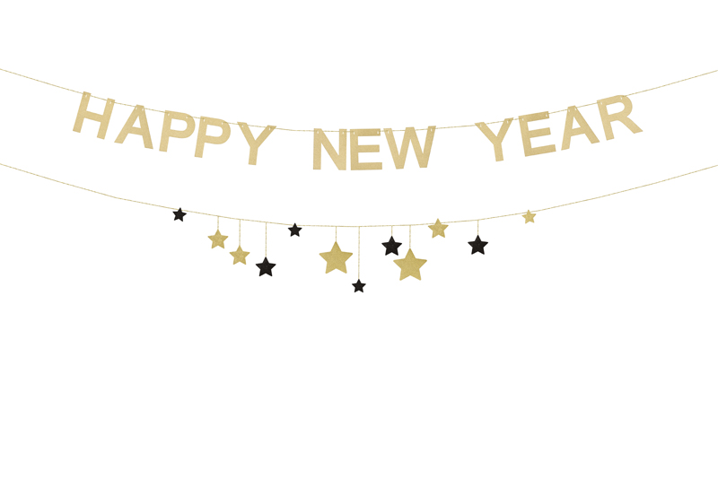 Baner Happy New Year z gwiazdkami, 300 cm, złoty
