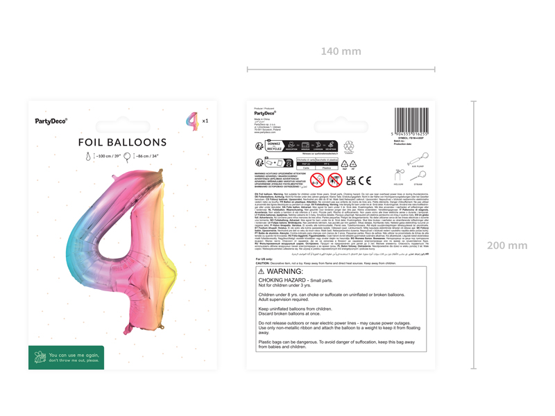 Balon foliowy Cyfra ''4'', 86cm, pastelowy tęczowy - obrazek 3