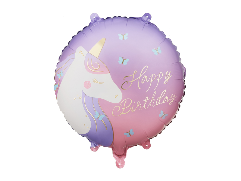 Balon foliowy pastylka Happy Birthday z jednorożcem, 35x35 cm, mix