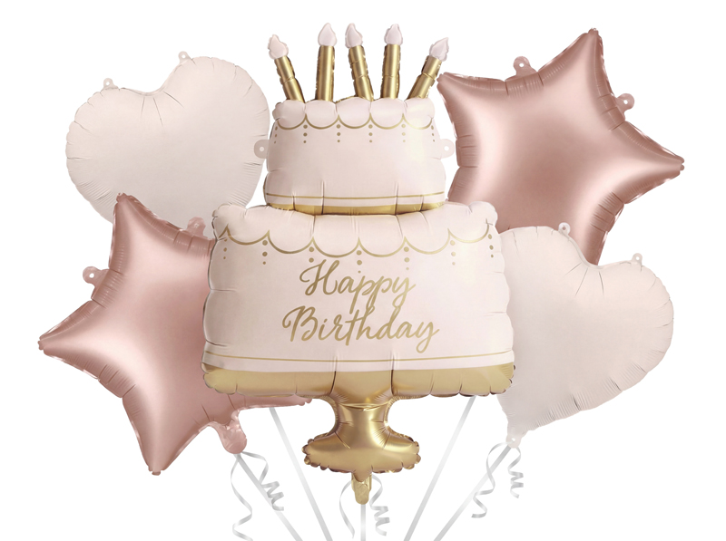 Zestaw balonów foliowych Pastelowy Tort Happy Birthday, mix (1 op. / 5 szt.)