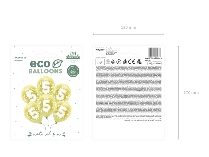 Balony Eco 33 cm, Cyfra '' 5 '', jasny złoty (1 op. / 6 szt.) - obrazek 2