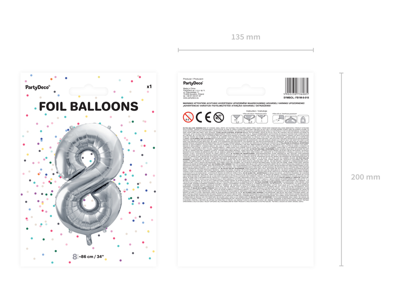 Balon foliowy Cyfra ''8'', 86cm, srebrny - obrazek 4