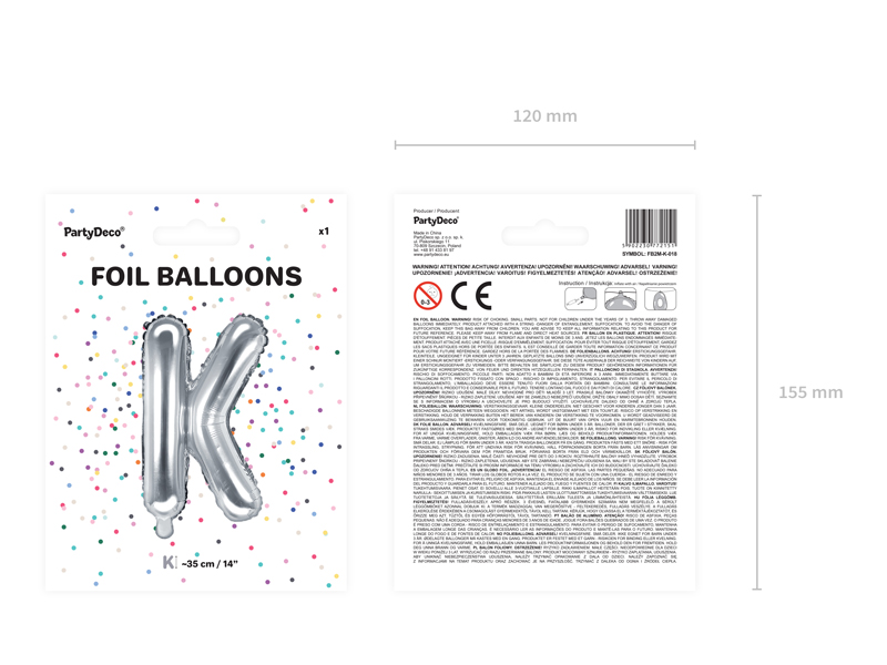 Balon foliowy Litera ''K'', 35cm, srebrny - obrazek 3
