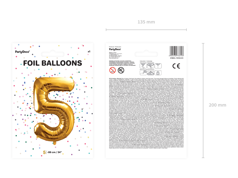 Balon foliowy Cyfra ''5'', 86cm, złoty - obrazek 8