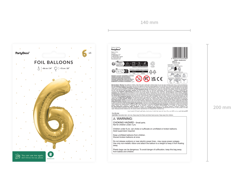 Balon foliowy Cyfra ''6'', 72cm, jasny złoty - obrazek 6