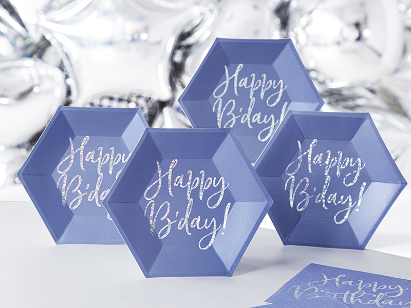 Talerzyki Happy B'day!, granatowy, 20cm (1 op. / 6 szt.) - obrazek 2