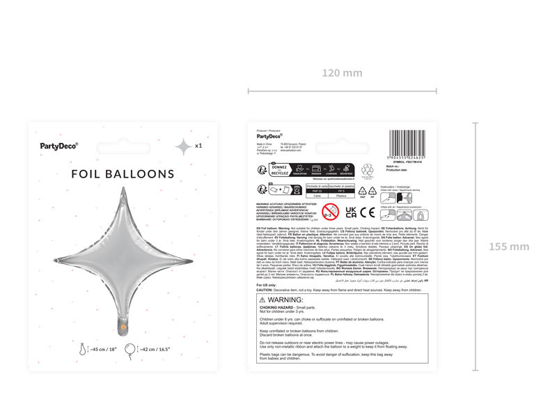 Balon foliowy Gwiazda 4-ramienna, 45 cm, srebrny - obrazek 4