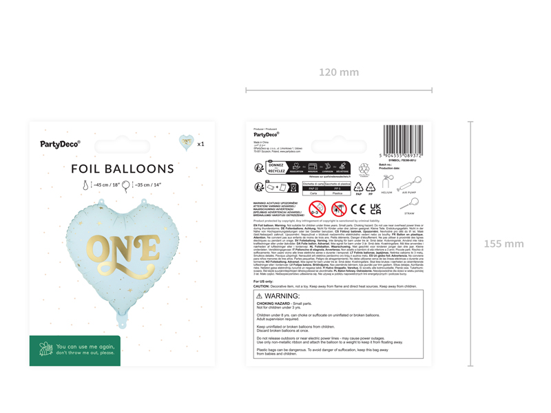 Balon foliowy Serce ''One'', 45 cm, jasny niebieski - obrazek 3
