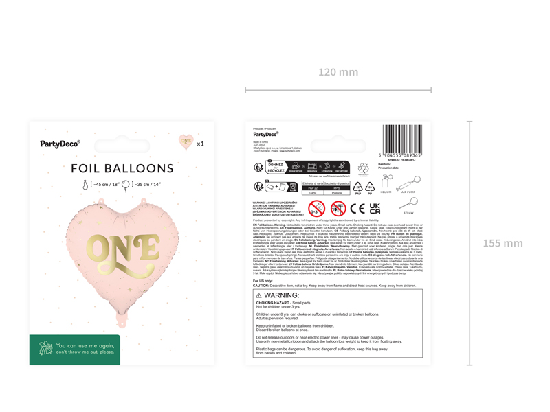 Balon foliowy Serce ''One'', 45 cm, jasny różowy - obrazek 3