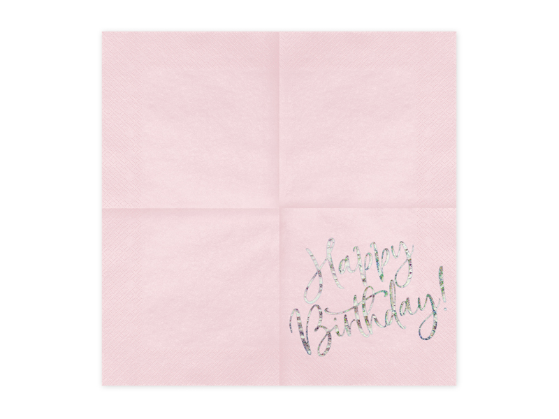 Serwetki Happy Birthday, jasny pudrowy róż, 33x33cm (1 op. / 20 szt.) - obrazek 2