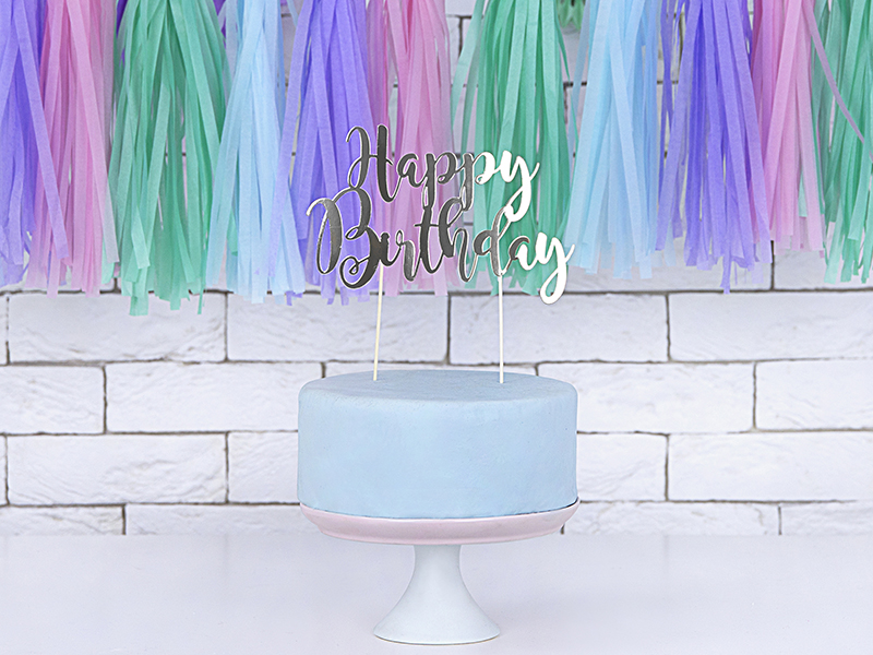 Topper na tort Happy Birthday, srebrny, 22,5cm - obrazek 3