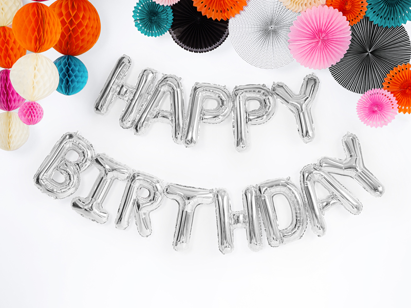 Balon foliowy Happy Birthday, 340x35cm, srebrny - obrazek 2