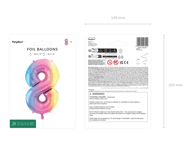 Balon foliowy Cyfra ''8'', 86cm, pastelowy tęczowy - obrazek 3