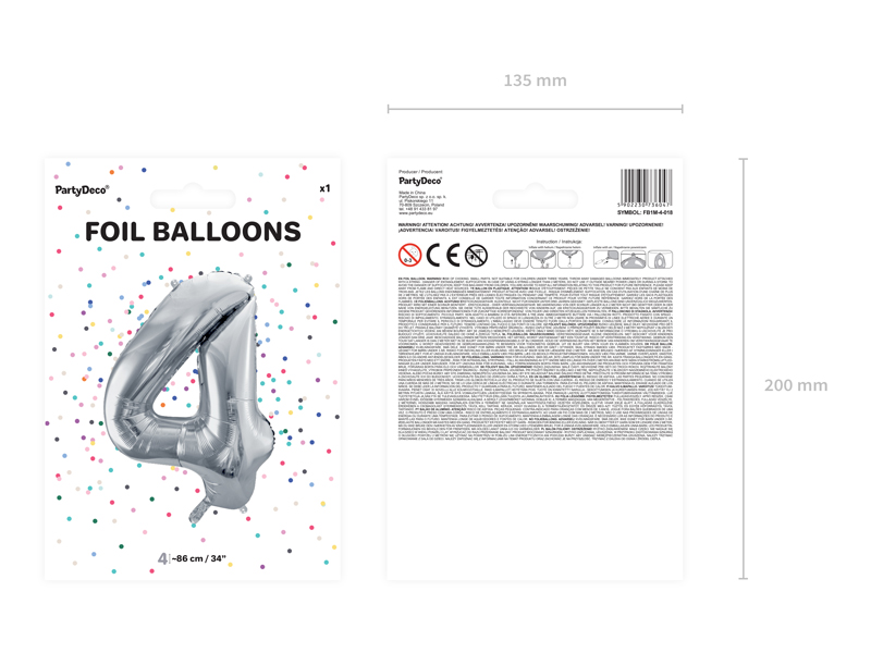 Balon foliowy Cyfra ''4'', 86cm, srebrny - obrazek 4