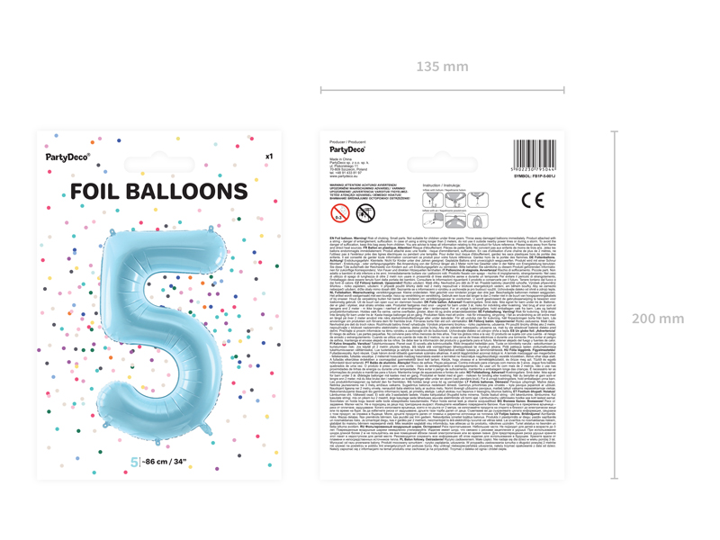 Balon foliowy Cyfra ''5'', 86cm, jasny niebieski - obrazek 5