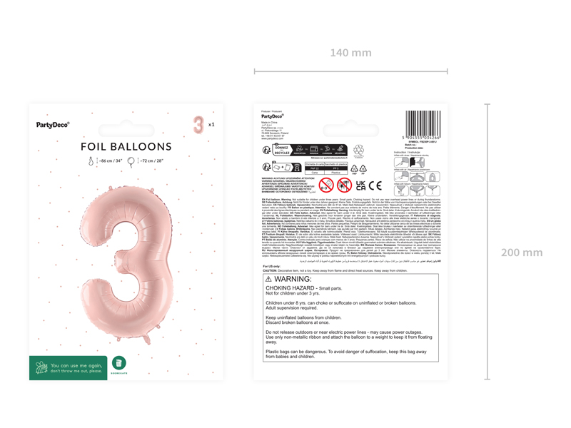 Balon foliowy Cyfra ''3'', 72cm, jasny różowy - obrazek 6