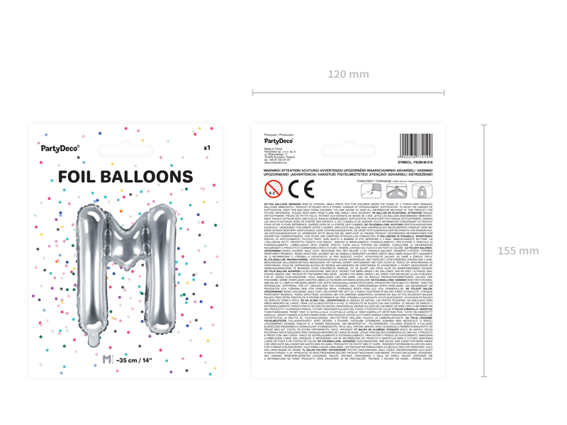 Balon foliowy Litera ''M'', 35cm, srebrny - obrazek 4