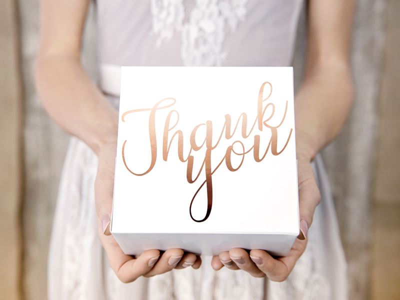 Ozdobne pudełka na ciasto - Thank you, różowe złoto, 14x8,5x14cm (1 op. / 10 szt.) - obrazek 2