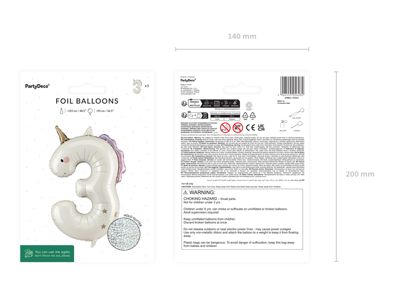 Balon foliowy Cyfra ''3'' Jednorożec, 93cm, mix - obrazek 4