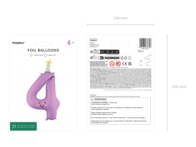 Balon foliowy Cyfra ''4'', 86cm, lawendowy - obrazek 4
