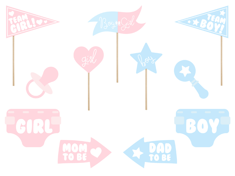 Gadżety do zdjęć Gender reveal party, mix (1 op. / 11 szt.)