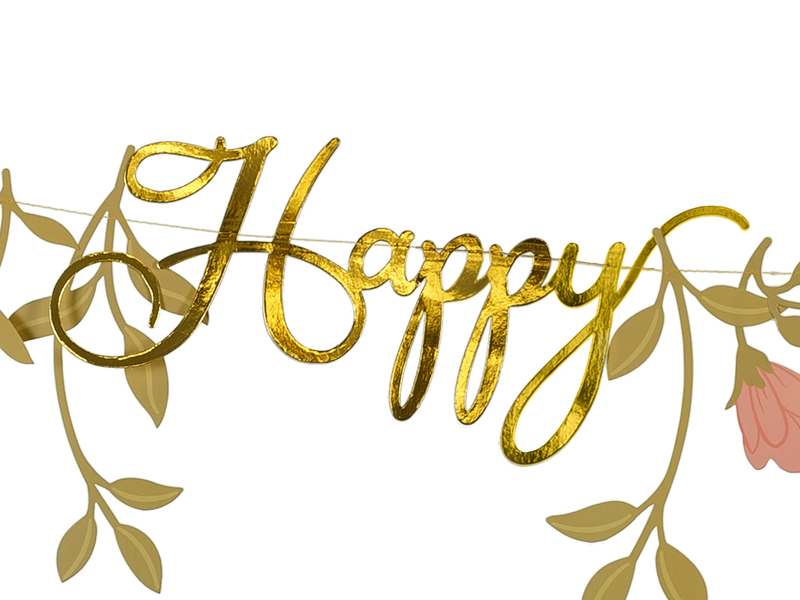 Baner Happy Birthday Kwiaty, różowo-złoty, 1.3m - obrazek 2