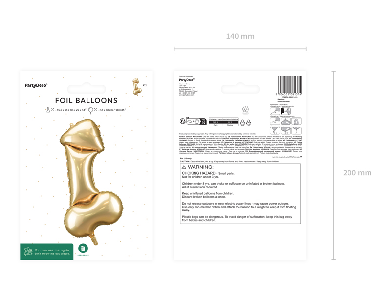 Balon foliowy Penis, 55,5x112 cm, złoty - obrazek 6
