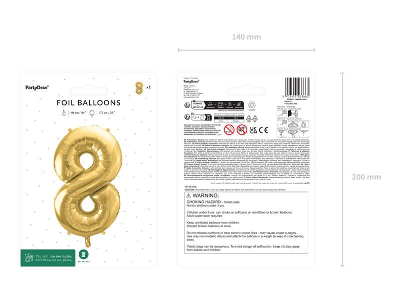 Balon foliowy Cyfra ''8'', 72cm, jasny złoty - obrazek 6