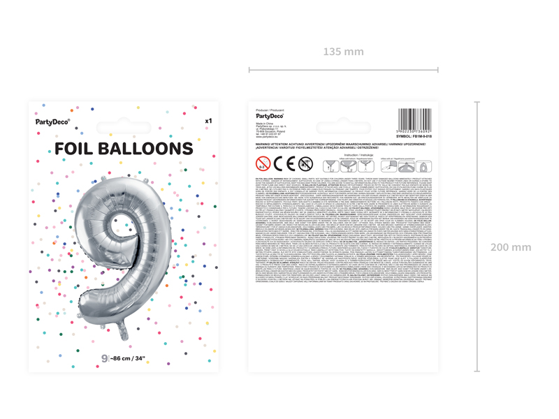 Balon foliowy Cyfra ''9'', 86cm, srebrny - obrazek 4
