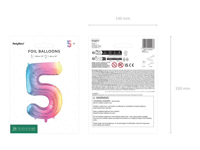 Balon foliowy Cyfra ''5'', 86cm, pastelowy tęczowy - obrazek 3