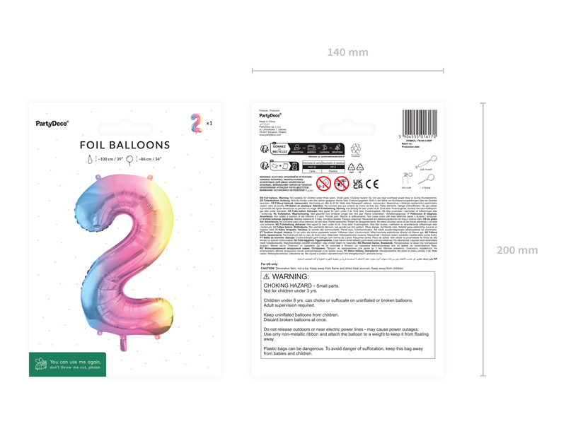 Balon foliowy Cyfra ''2'', 86cm, pastelowy tęczowy - obrazek 3