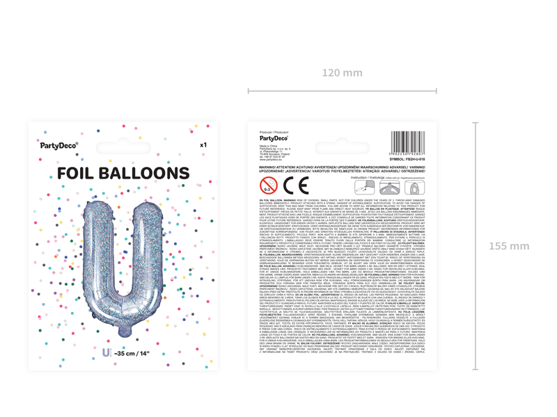 Balon foliowy Litera ''U'', 35cm, holograficzny - obrazek 3