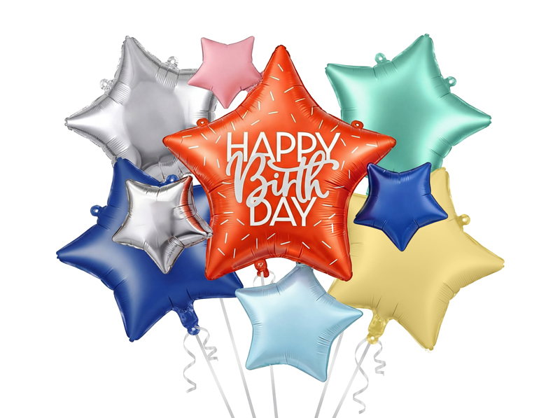 Zestaw balonów foliowych Gwiazdki Happy Birthday, mix (1 op. / 5 szt.)