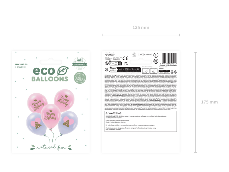 Balony Eco 33 cm, Happy Birthday, mix (1 op. / 5 szt.) - obrazek 2