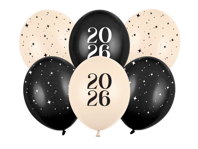 Balony 30 cm, Happy New Year 2026, Pastel Mix (1 op. / 6 szt.)