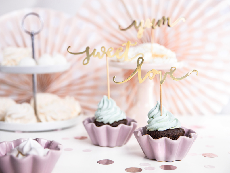 Dekoracje do muffinek Love, złoty, 13cm (1 op. / 6 szt.) - obrazek 3