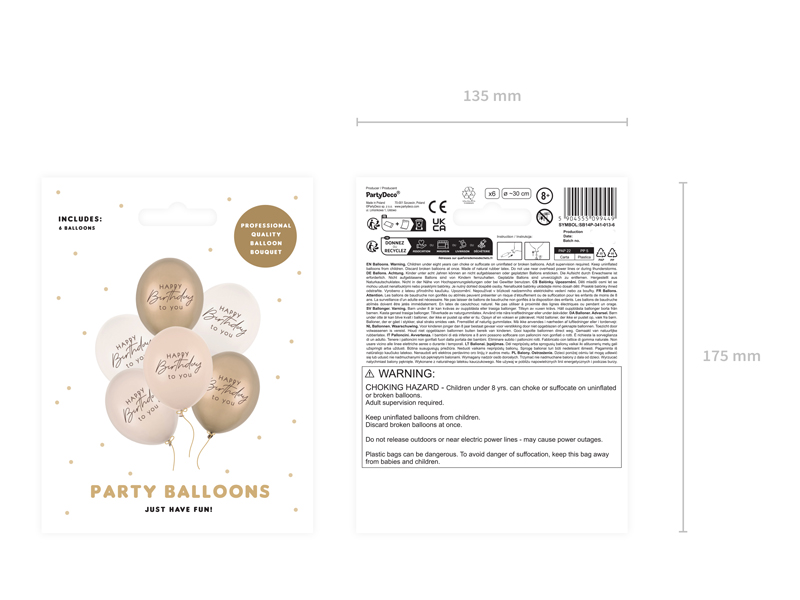 Balony 30 cm, Happy Birthday, mix beżowy (1 op. / 6 szt.) - obrazek 2