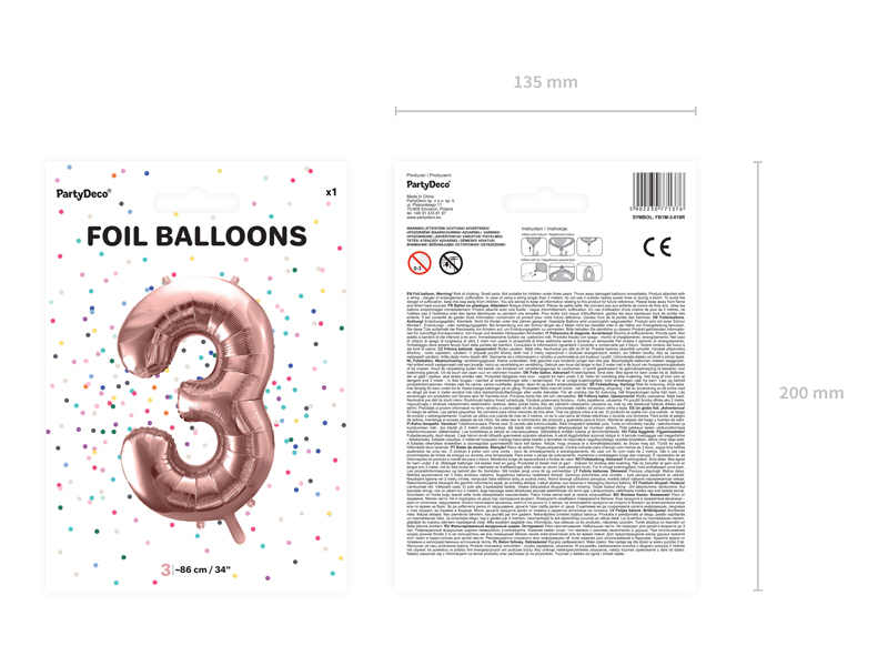 Balon foliowy Cyfra ''3'', 86cm, różowe złoto - obrazek 4