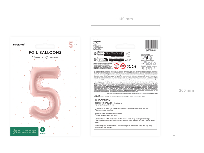 Balon foliowy Cyfra ''5'', 72cm, jasny różowy - obrazek 6