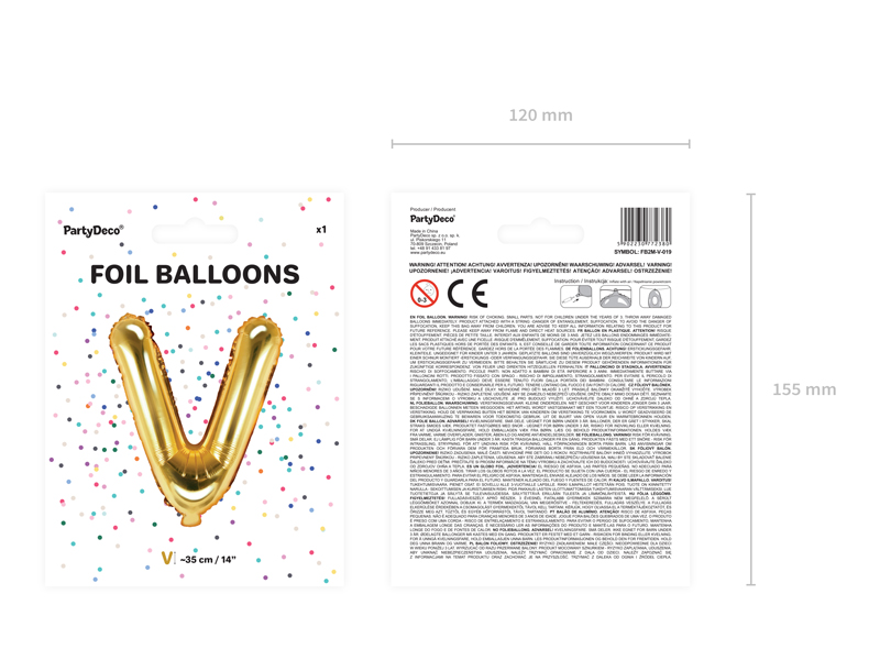 Balon foliowy Litera ''V'', 35cm, złoty - obrazek 3