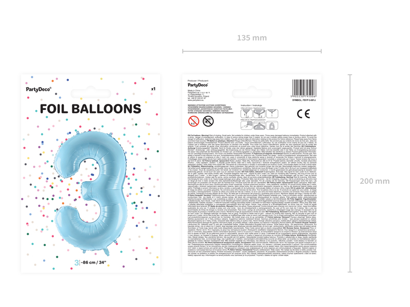 Balon foliowy Cyfra ''3'', 86cm, jasny niebieski - obrazek 4