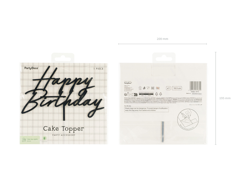 Topper akrylowy na tort Happy Birthday, czarny, 16.5 cm - obrazek 5