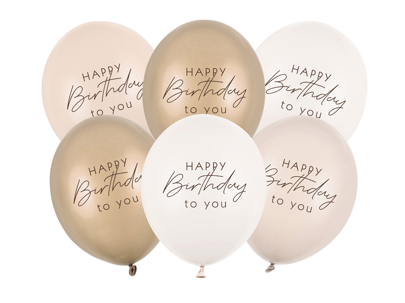 Balony 30 cm, Happy Birthday, mix beżowy (1 op. / 6 szt.)