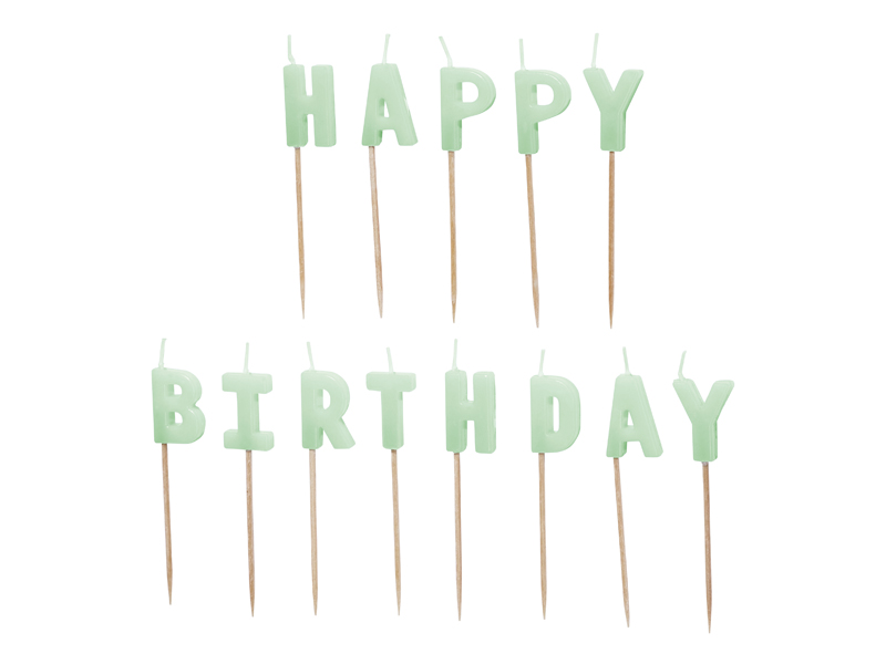 Świeczki urodzinowe Happy Birthday, 2,5 cm, jasny zielony (1 op. / 13 szt.)