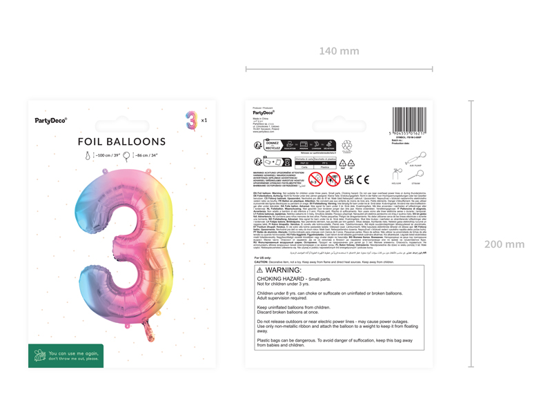 Balon foliowy Cyfra ''3'', 86cm, pastelowy tęczowy - obrazek 3