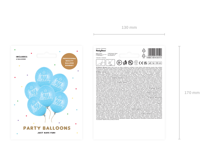 Balony 30cm, happy birthday, P. Baby Blue (1 op. / 6 szt.) - obrazek 2